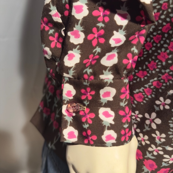 70s Mod Boho Pink Floral Blouse Pink Brown Pop Art  Big Collar Sz Large - Picture 3 of 6